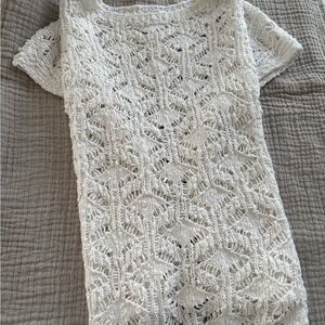 J Jill White Crochet Knit Cap Sleeve Sweater